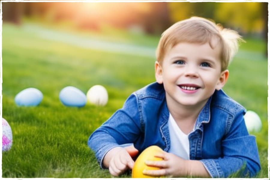 toddler outside playing with easter eggs